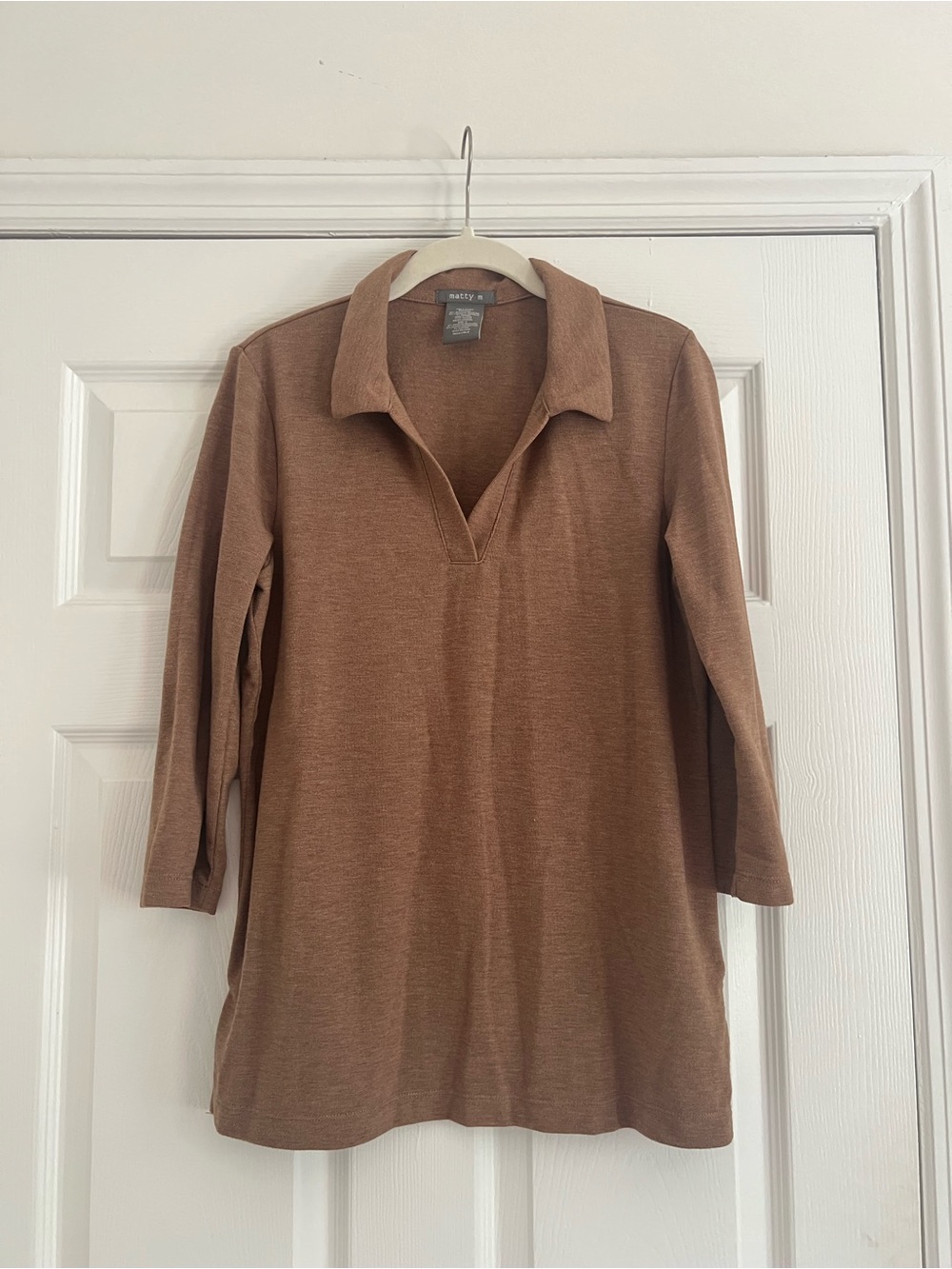 Soft Knit 3/4 Sleeve Polo Tunic in Warm Brown